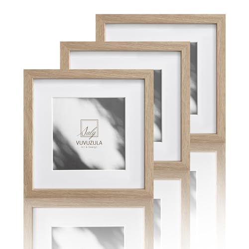 VUVUZULA Bilderrahmen 15x15cm Holz Holzrahmen 3er Set Eiche Quadratisch Fotorahmen MDF Rahmen mit Passepartout 10x10cm Natur von VUVUZULA