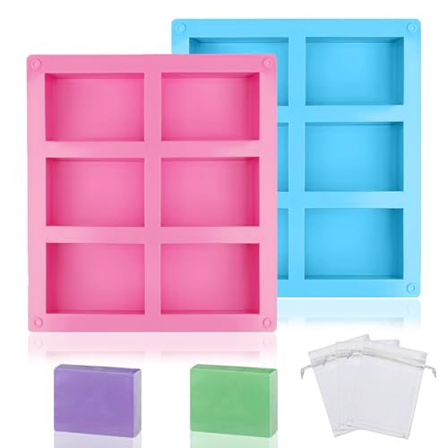 2 Silikon Seife Formen, 6 Mulden Seifenformen, Handgefertigte Seifenform, Soap Mold mit 3 Schäumendes Netz, Seifen Selber Machen Set für Seife DIY Formen, Handarbeit,Kerzen(Blau-Pink) von VVHFXD