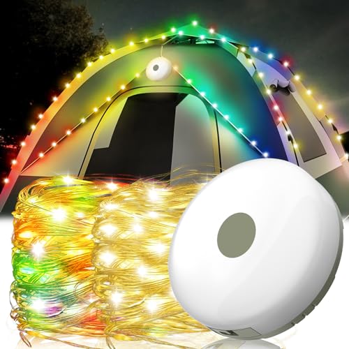 Camping Lichterkette Aufrollbar, Wasserdichte Tragbare Verstaubare LED Lichterkette Aufrollbar, 10M Camping Lichterkette zum Aufrollen, Alpenwolken Lichterkette für Outdoor Außen, Warmes Licht+Bunt von VXCMN