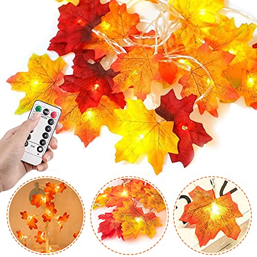 Herbst Lichterkette, 6M/40 LED Ahornblätter Lichterketten Herbst Dekoration mit Fernbedienung und 4 Haken, USB Wiederaufladbar Herbstdeko Lichterkette für Party Halloween, Erntedankfest, Weihnachts von VZATT