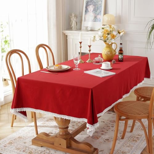 VZXATYOP Einfache Solide Farbe Baumwolle Quaste Tischdecken Rote und Grüne Weihnachtsdekoration Tischtuch Küche Urlaub Abendessen Rustikale Tischdecke(Red,100x140cm) von VZXATYOP