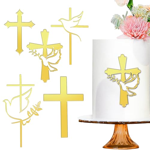 VZZNN 5 Stück Kuchendeko Kreuz Cake Topper Gold Acryl Torte Deko Spiegel Kuchen Dekoration Set für Hochzeit Geburtstag Party Kommunion von VZZNN