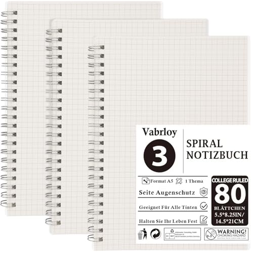 Vabrloy 3 Stück Notizbuch A5 Kariert,Spiral-Notizblock,Spiralblock A5 Kariertes,100g/m² Chequered Notebook Journal,160 Seiten Notizheft Journal für Teenager, Mädchen und Jungen,21x14cm von Vabrloy