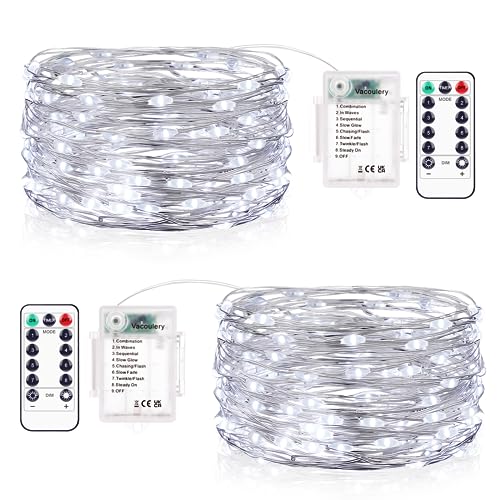 LED Lichterkette Batterie Kaltweiß, 2x10M 100LEDs Kupferdraht Lichterketten Akku 8 Programm mit Timer Wasserdicht DIY Weihnachten Lichterkette Innen für Zimmer, Garten, Balkon, Hochzeit von Vacoulery