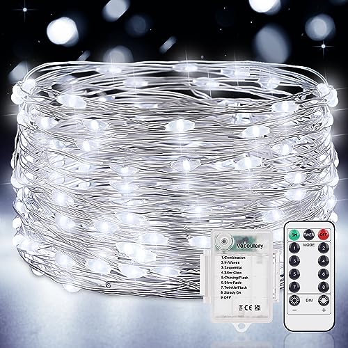 Vacoulery Lichterkette Batterie Timer 1 Stück 12M 12 LED Lichterkette mit Batterie 8 Modus Lichterkette Batterie mit Timer und Fernbedienung für Zimmer Terrasse Innen Außen Dekoration(Kaltweiß) von Vacoulery