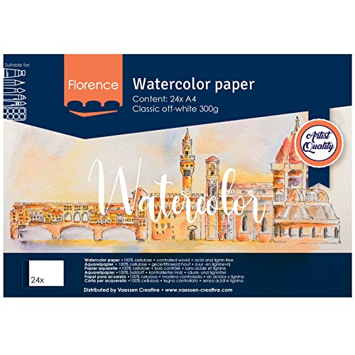 Florence Aquarellpapier Feine Textur - Zeichenblock für Aquarellfarben A4 - Beige - Malblock für Wasserfarben - Künstlerbedarf und Scrabooking - 300 gsm von Vaessen Creative