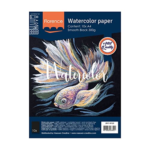 Florence Aquarellpapier Glatt - Zeichenblock für Aquarellfarben A4 - Schwarz - Malblock für Wasserfarben - Künstlerbedarf und Scrabooking - 300 gsm Florence Aquarellpapier Glatt - Zeichenblock für Aquarellfarben A4 - Schwarz - Malblock für Wasserfarben - Künstlerbedarf und Scrabooking - 300 gsm von Vaessen Creative