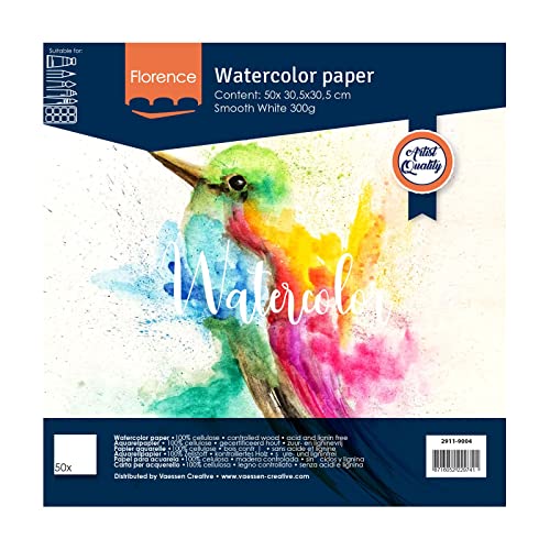 Florence Aquarellpapier Glatt - Zeichenblock für Aquarellfarben 30,5 x 30,5 cm - Weiß - Malblock für Wasserfarben - Künstlerbedarf und Scrabooking - 300 gsm von Vaessen Creative