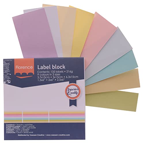 Florence Cardstock Etikettenblock – 135 Stück – 3 Größen und 9 Farben – Pastellfarben – 15 x 6,3 cm/15 x 5 cm/15 x 3,7 cm – Blanko-Karten für Geschenkanhänger, personalisierte Visitenkarten und von Vaessen Creative