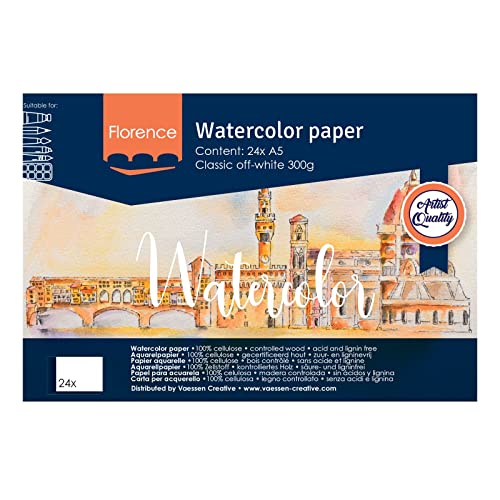 Florence Aquarellpapier Feine Textur - Zeichenblock für Aquarellfarben A5 - Beige - Malblock für Wasserfarben - Künstlerbedarf und Scrabooking - 300 gsm von Vaessen Creative