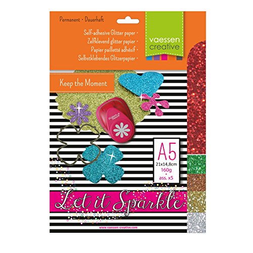 Florence Selbstklebend Glitzerfolie zum Basteln - Weihnachten - Papierbasteln 5 Stück - A5 Bastelpapier mit Glitzer für Scrapbooking, Stanzen und Kartengestaltung - 270 gsm von Vaessen Creative