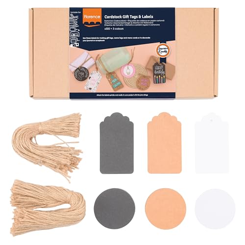 Florence Tonkarton Geschenkanhänger & Etiketten - Kraft und Weiß - 200 Stück - Set mit Kraft, Weiß und Schwarz- Blanko Danke Anhänger und Kraft Anhänger - Inklusive Juteschnur von Vaessen Creative