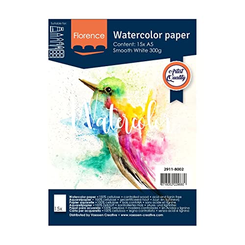Florence 2911-8002 Aquarellpapier A5 in Weiß, aus 300 g/m² Glattem Papier, 15 Blatt für Aquarellmalerei, Handlettering und Brush Lettering, Canvas, stück von Vaessen Creative