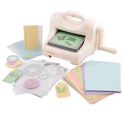 Vaessen Creative Cut Easy + A5, Große Stanz-und Prägemaschine, Starter Kit Inkl. Tonkarton, Stanzformen und Prägefolder, Stanzen zum Basteln und Prägen, Ideal für Kartengestaltung, Scrapbooking von Vaessen Creative