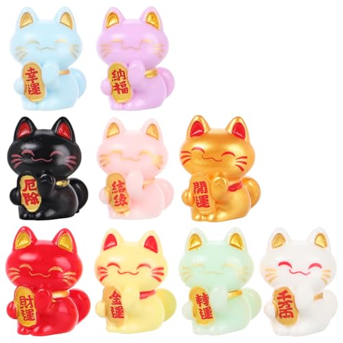 Vaguelly 9 Stück Chinesische Mini-Katzenfiguren Miniatur-Glückskatzen-Statuen Kunstharz Landschaft Glückskatze Maneki-Statuen Ornament Feng Shui Winkende Katze Dekoration Für Auto Zuhause von Vaguelly