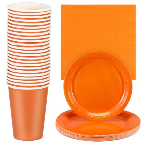 Vaguelly 96 Partygeschirr-Set Orangefarbenes Partygeschirr Aus Papier Für 24 Gäste. Papiergeschirr-Set Mit 7'' Und 9'' Papptellern Bechern Und Servietten von Vaguelly