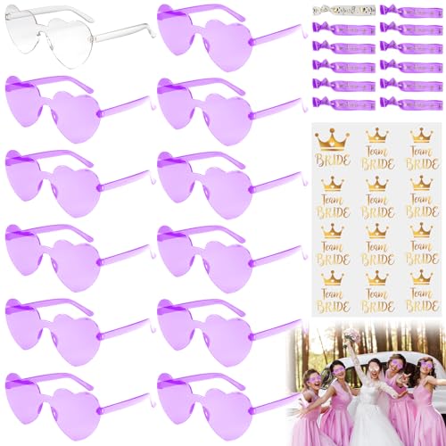 12 Paar Herzbrille, Herz Party Brillen+12Bride Armband+ 12Bride Tattoo Aufkleber, Hippie Brille, Sonnenbrille Herz, Sonnenbrille Party Set, Bride to Be Herz Sonnenbrille, Geburtstagsfeier(Lila) von Vaileal