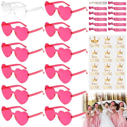 12 Paar Herzbrille, Herz Party Brillen+12Bride Armband+ 12Bride Tattoo Aufkleber, Hippie Brille, Sonnenbrille Herz, Sonnenbrille Party Set, Bride to Be Herz Sonnenbrille, Geburtstagsfeier(Rosa) von Vaileal