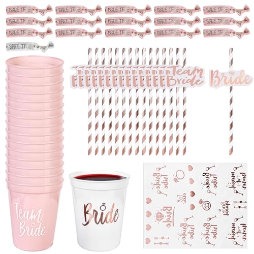 16 Stück JGA Becher Braut Team Tassen: Team Bride Becher, JGA Becher Armbänder und Team Bride Sticker, Bride to be deko für Bridal Shower, Verlobungsfeier, Bachelorette Party von Vaileal