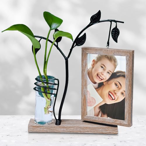 Holz Doppelglas Fotorahmen, Fotorahmen mit Vase und Metall Baum, Holzbilderrahmen Bilderrahmen Personalisiert, Bilderrahmen aus Holz Geschenk Familie Geschenk für Mama, Oma, Lehrerin von Vaileal