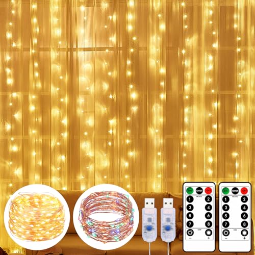 Lichtervorhang, 20M 200LED Lichterketten Vorhang, IP65 Wasserdicht Lichterkette Innen, Lichterkette mit Fernbedienung, USB Oder Batterie Betrieben Lichterketten, Deko Licht für Wohnzimmer, Hochzeiten von Vaileal