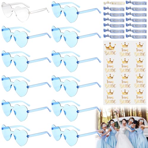 Vaileal 36 Stück JGA Brille Team Braut Armbänder: JGA Partybrillen Set, Bride to Be Herz Brille Set, 12Herz Sonnenbrille+12Bride Tattoo Aufkleber+12Bride Armband für Braut JGA Accessoires (hellblau) von Vaileal