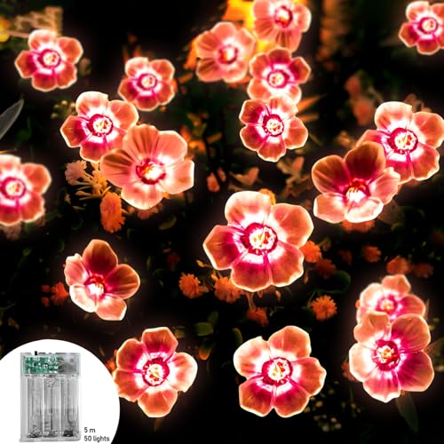 Vaileal Kirschblüten Lichterkette 5M 50LEDs: LED Bunt Lichterkette Blumen, dekorative Lichter für Innen und Außen, Micro Lichterkette für Diwali Garten Bäume, Geschenke für Frauen Mädchen von Vaileal