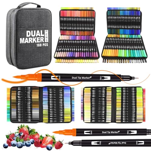 Vakki Dual Brush Pen Set, 168 Farben Filzstifte Filzstifte Dicke Und DüNne Mit Schwarzer Tragetasche, Stifte Set FüR Bullet Journal, Mandala, Manga, MalbüCher, Handlettering FüR Kinder Und Erwachsene von Vakki