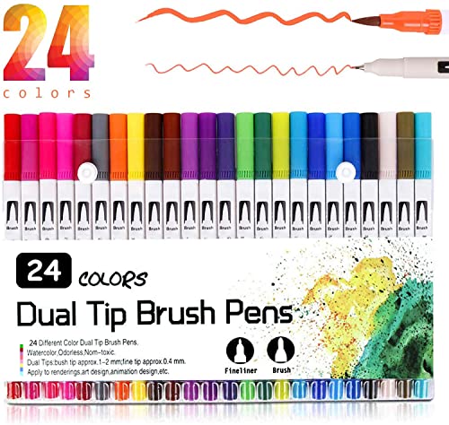 Vakki Dual Brush Pen Set, 24 Farben Aquarell Doppelfasermaler Pinselstifte, Filzstifte Bullet Journal Stifte Für Zeichnen, Skizzieren, Malen, Kalligraphie, Comic, Handlettering, Manga von Vakki