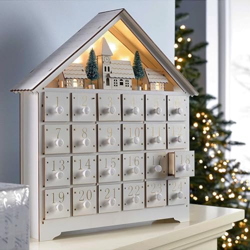 Valentigrl Adventskalender aus Holz mit 24 Schubladen, LED-Dorfhaus, Countdown bis Weihnachten, nachfüllbar, Countdown-Kalender, Heimdekoration, Weiß von Valentigrl