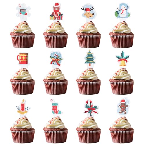 24 Pcs Weihnachts kuchen Topper Weihnachten Kuchen Deko für Party, Weihnachts Cupcake Dekorationen für Weihnachtsfeiern, Cupcake-Topper Weihnachtsfeiertagsbedarf Kuchen Dekorationen von Valicaer