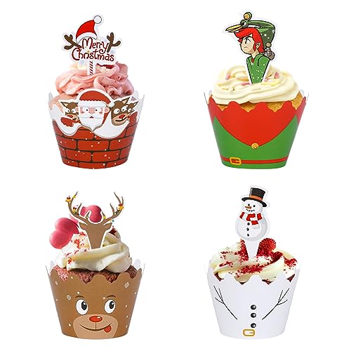 24 Stück Weihnachten Cupcake Topper und Wrapper, Weihnachtsfeierbedarf Weihnachtsmann Schneemann Xmas Cupcake Backbecher Cupcake Dekoration für Weihnachtsfest Kinder Party Dekorationen von Valicaer