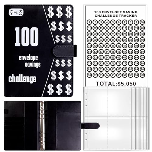 Valicaer 100 Umschläge Sparherausforderung, Envelope Challenge Binder A5 Budget-Ordner Money Saving Envelope Herausforderungsordner mit 100 Umschlägen, Money Saving Challenges Book (Schwarz) von Valicaer