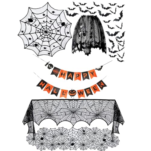 Valicaer Halloween Deko Set,41Pc Halloween Tischdecke Rund Schwarz Spinnennetz Spinnweben Spitze Rechteckige Tischdecke Tischläufer Kaminmantel Schal Cover Happy Halloween Banner Fledermäuse Aufkleber von Valicaer