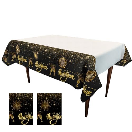 Valicaer Happy New Year Tischdecke,2Pcs Schwarz Gold Silvester Party Tischdecken Kunststoff Tischläufer Rechteck Table Runner Neujahrsbanner Partyzubehör Tischdecke für Frohes neues Jahr Dekorationen von Valicaer