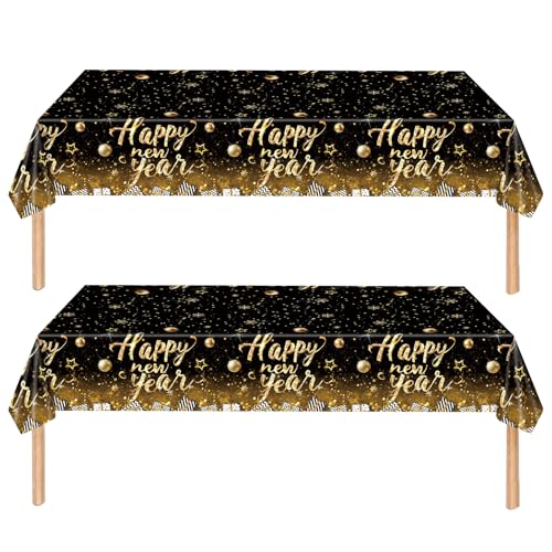 Valicaer Happy New Year Tischdecke,2Pcs Schwarz Gold Silvester Party Tischdecken Kunststoff Tischläufer Rechteck Table Runner Neujahrsbanner Partyzubehör Tischdecke für neues Jahr Dekoration (B) von Valicaer