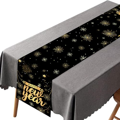 Valicaer Happy New Year Tischdecken Tischtuch,Leinenoptik Tischläufer Schwarz Gold Silvester Party Tischdecken Rechteck Table Runner Neujahr Tischdecke Partyzubehör für Frohes neues Jahr Dekorationen von Valicaer