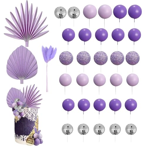 Valicaer Lila Tortendeko Kugeln Set,38Pcs Lila Boho Tortendeko Kugeln Cake Topper Palmblatt Fächer Tortendeko Mini-Ballons Lila Kuchendekorationen DIY Kuchen Topper für Hochzeit Einschulung Geburtstag von Valicaer