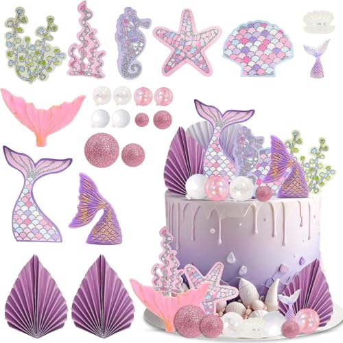 Valicaer Meerjungfrau Tortendeko,22Pcs Meerjungfrau Kuchen Dekoration Mädchen Geburtstag Deko Unterwasser Ozean Tortendeko Kugeln Cake Topper Glitzer Rosa Lila Ballons Palmblatt Fächer Party Supplies von Valicaer