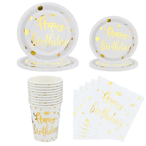 Valicaer Partygeschirr Kindergeburtstag,70Pcs Geburstag Partygeschirr Weiß Gold Geburtstag Deko Partygeschirr Pappteller Pappbecher Servietten Party Geschirr Tischdeko für Kinder,Erwachsene von Valicaer