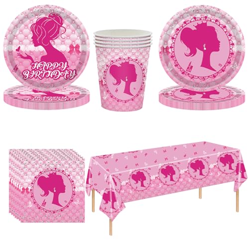 Valicaer Partygeschirr Set,69Pcs Papiergeschirr Rosa Partygeschirr Kindergeburtstag mit Tischdecke Pappteller Servietten Becher Geburtstag Party Geschirr Set für Hochzeiten Geburtstag Deko(16 Gäste) von Valicaer