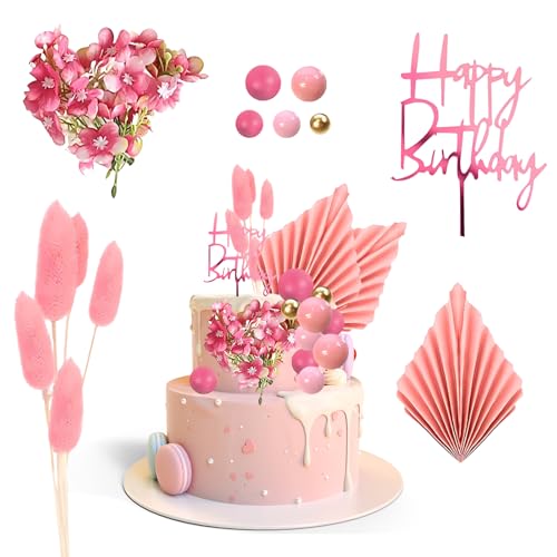 Valicaer Rosegold Tortendeko Geburtstag,40pcs Boho Cake Topper Geburtstag Happy Birthday Kuchendeko Palmenblätter Blume Tortendeko Kugel Cake Topper Pink Gold Bälle Tortendeko für Mädchen Frauen von Valicaer