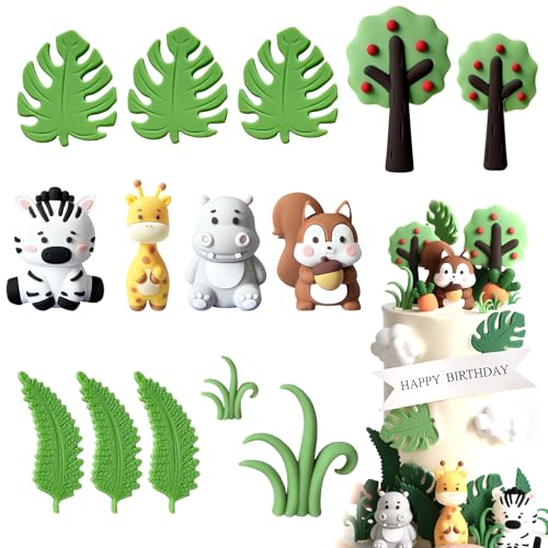 Valicaer Tortendeko Tiere,14Pcs Waldtiere Tortendeko Dschungel Deko Geburtstag Wald Tiere Happy Birthday Kuchendeko Safari Tortendeko Geburtstag Cake Topper Kuchen Deko Set für Kinder Junge Mädchen von Valicaer