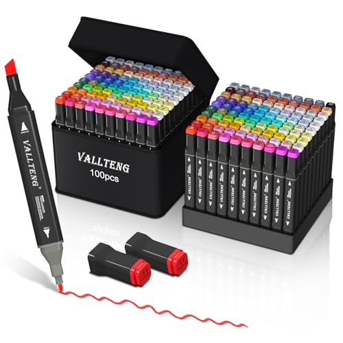 Vallteng 100 Alkohol Stifte Set, 2 Sekunde Schnell Trocknende Alkohol Marker Set, Meißel & Feine Twin Tip Alkohol Stifte Set,Filzstifte Set Permanenter Marker für Anfänger von Vallteng