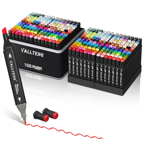 Vallteng 168 Alkohol Stifte Set, 2 Sekunde Schnell Trocknende Alkohol Marker Set, Meißel & Feine Twin Tip Alkohol Stifte Set,Filzstifte Set Permanenter Marker für Anfänger von Vallteng