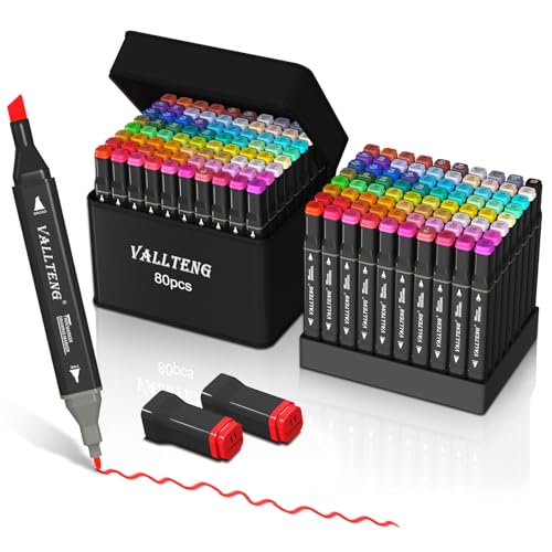 Vallteng 80 Alkohol Stifte Set, 2 Sekunde Schnell Trocknende Alkohol Marker Set, Meißel & Feine Twin Tip Alkohol Stifte Set,Filzstifte Set Permanenter Marker für Anfänger von Vallteng