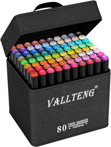 Vallteng Permanent Art Marker, Doppelmarker, breite feine Spitze, Schwarz, Animationsdesign zum Zeichnen, Färben, mit schwarzer Tasche (40 Farben) von Vallteng