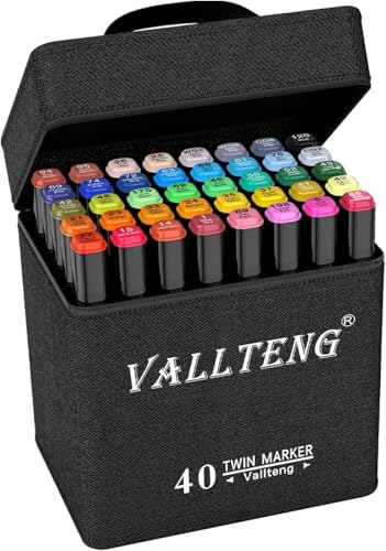 Vallteng Permanent Art Marker, Doppelmarker, breite feine Spitze, Schwarz, Animationsdesign zum Zeichnen, Färben, mit schwarzer Tasche und Basis (40 Farben) von Vallteng