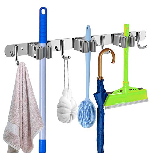 ValueHall Besenhalter Edelstahl Besenhalterung Ordnungsleiste Selbstklebend Gerätehalter Wandhalterung Mop Halter mit 3 Halter und 4 Haken für Zuhause, Küche, Badezimmer, Garage, Garten V8163 von ValueHall