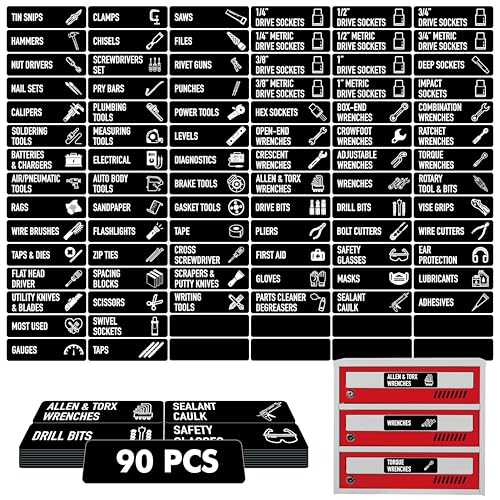 90 Magnetische Toolbox-Etiketten, 82 Vorgefertigte & 8 Leere Große Werkzeugkasten-Organizer-Etiketten Starke Magnetkraft & Leicht lesbare Beschriftung Für alle Marken von Stahl-Werkzeugschubladen von Vantasii